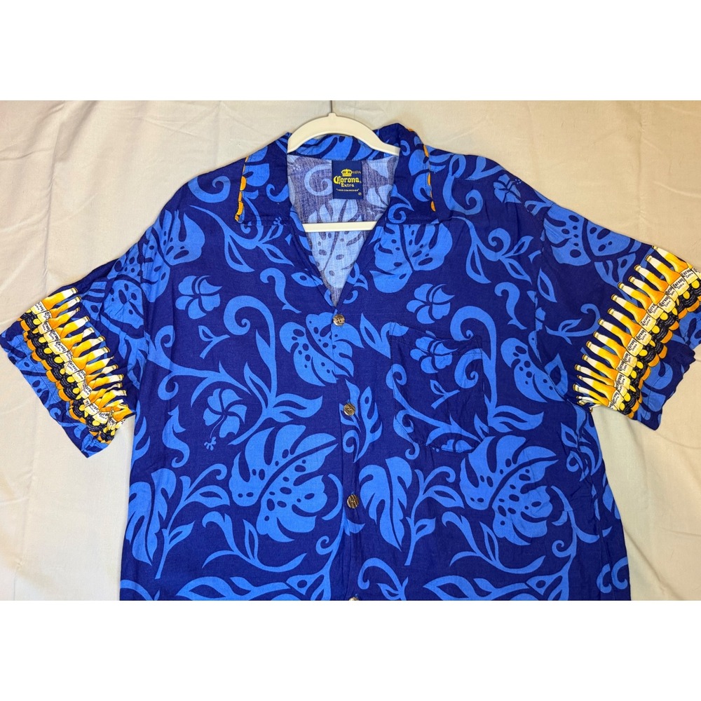 Corona Extra Mens Blue Tropical Beer Bottle Print Rayon Hawaiian Shirt XXL - Picture 3 of 8